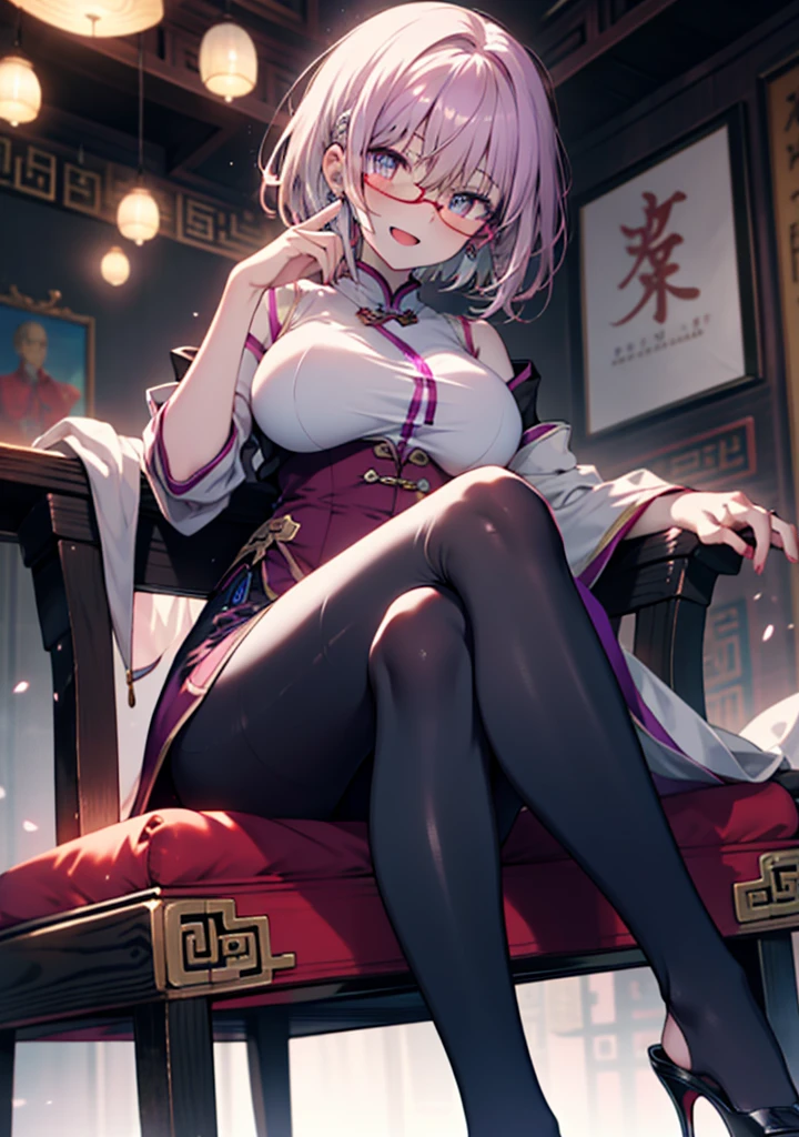 akaneshinjou, shinjou akane, Light purple hair, (Pink Eyes:1.2), happy smile, smile, Open your mouth,short hair,Red-rimmed glasses,hair band,Big Breasts,Sleeveless purple cheongsam,Long slit,Black pantyhose,Stiletto heels,sitting cross-legged on a chair,
break looking at viewer, whole body, break indoors, room, break (masterpiece:1.2), Highest quality, High resolution, unity 8k wallpaper, (shape:0.8), (Beautiful and beautiful eyes:1.6), Highly detailed face, Perfect lighting, Extremely detailed CG, (Perfect hands, Perfect Anatomy),