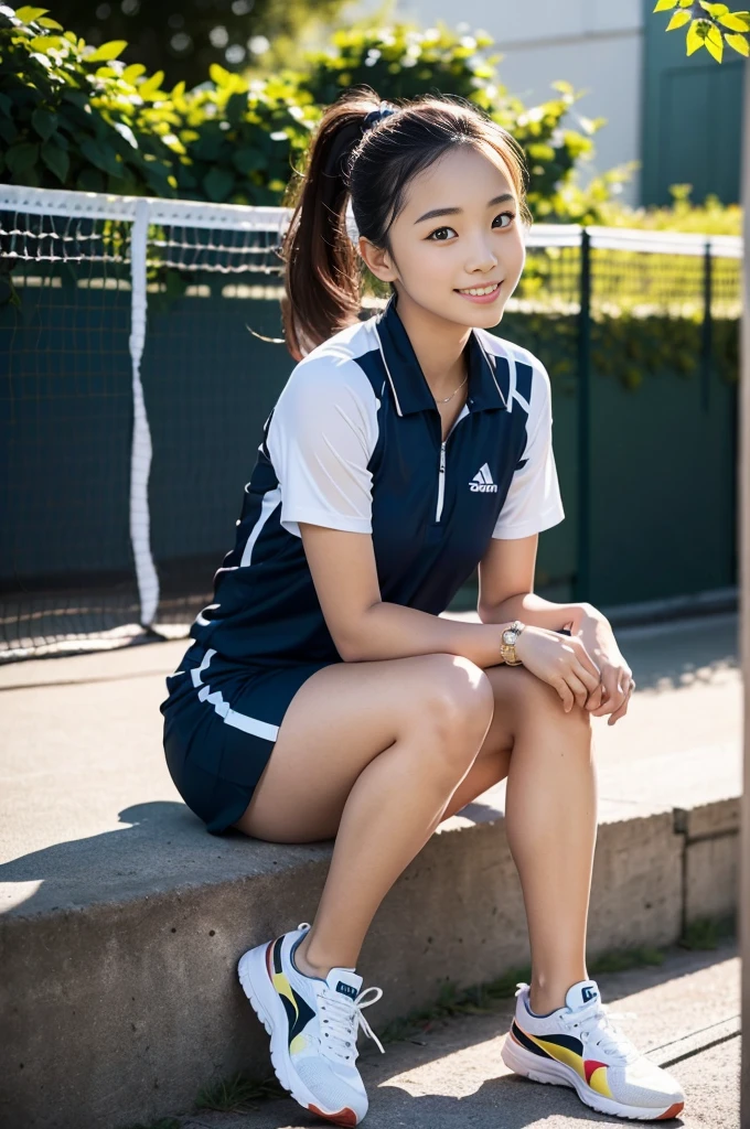Pure Japanese tennis girl, wearing tennis uniforms, sneakers, natural makeup, natural ponytail, sweet smile, sexual attractive, sitting and relaxing, professional portrait photography, dazzling summer sunlight,