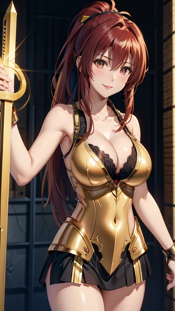 Gold Armor, 4K image, assembly, best quality, masterpiece, movie lighting ，Sexy，Large Breasts，Cleavage，action，In battle，Cleavage，Smile，noble，light beam from hand，Golden lightning surrounds，Red hair，Ponytail hairstyle，Saint Seiya Leo Aiolia，Blink，Lipstick，High purchase price