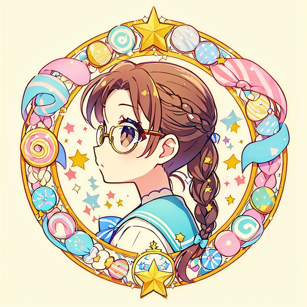 Circular emblem{star、ribbon、unicorn、candy、rainbow}、A girl with a single braided hairstyle{Glasses、Brown Hair、Brown eyes、Light blue sailor suit}