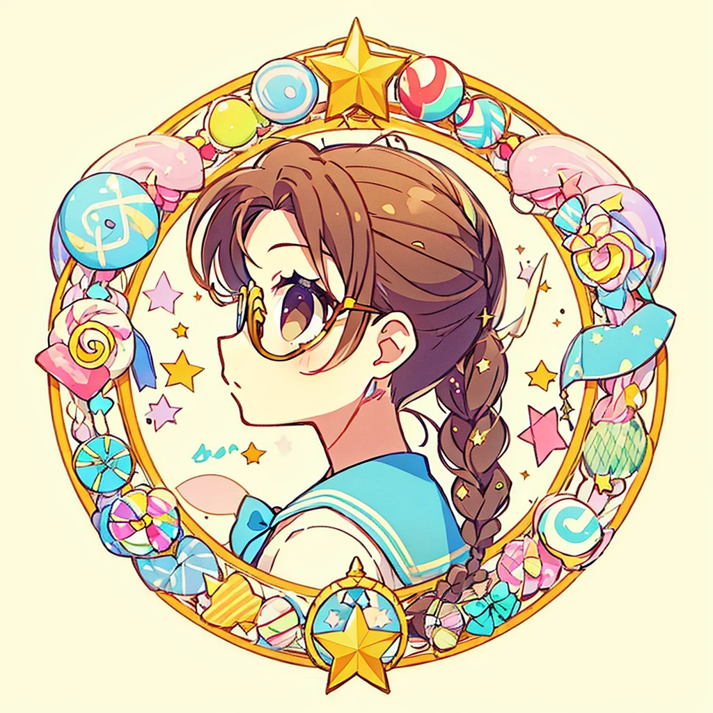 Circular emblem{star、ribbon、unicorn、candy、rainbow}、A girl with a single braided hairstyle{Glasses、Brown Hair、Brown eyes、Light blue sailor suit}