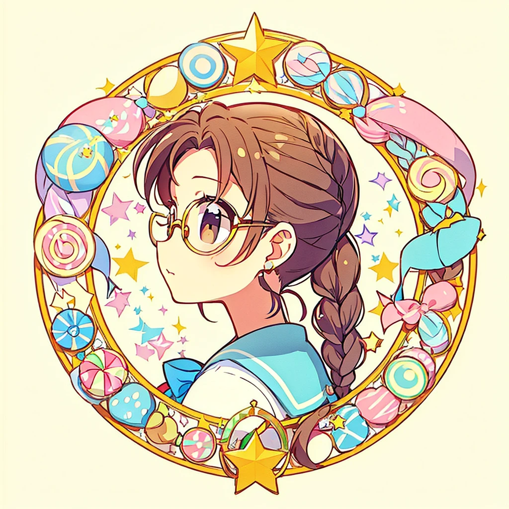 Circular emblem{star、ribbon、unicorn、candy、rainbow}、A girl with a single braided hairstyle{Glasses、Brown Hair、Brown eyes、Light blue sailor suit}