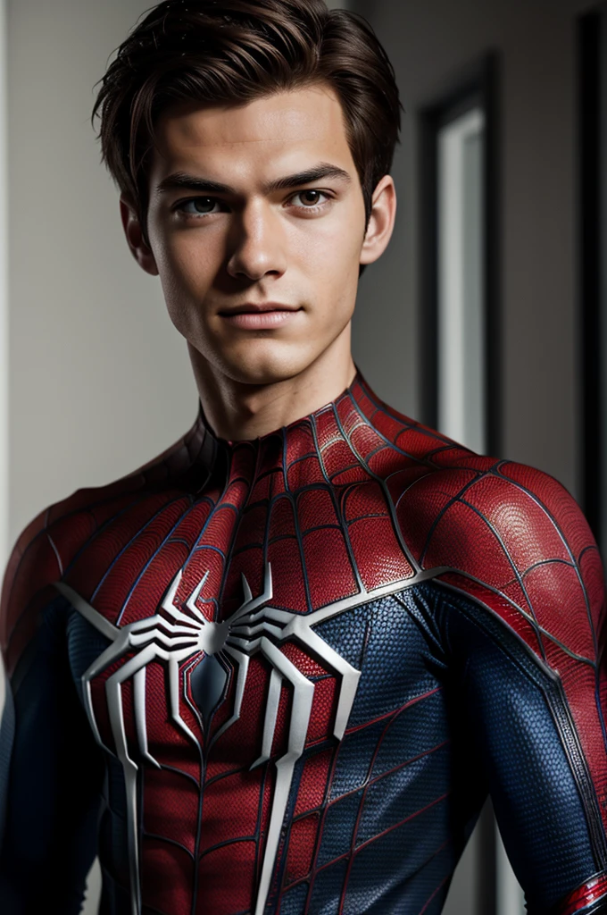 A photograph of spider man, no mask, 20 yo, handsome, detailed face, looking at camera, portrait, 8k uhd, high quality