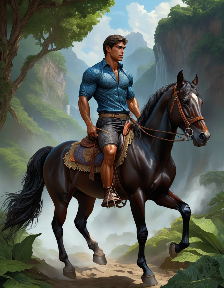 anime+hentai+yaoi style ,
vibrant colors palette , simetryc composition, ultradetailed art style, oil painting, fullbody, perfect compositicion, perfect anatomy, wearing small litle shorts, dramatic, natural lighting, a young gorgeous, handsome, tall, perfect feet, latino , detailed realistic muscles, simetryc body, he is riding a black horse and holding a sort , carring a multicolor back bag, in a mixed scenario of jungle and forest