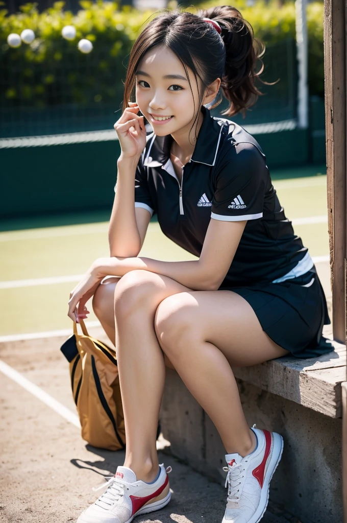 Pure young Japanese tennis girl, wearing tennis uniforms, sneakers, natural makeup, natural ponytail, sweet smile, sexual attractive, sitting and relaxing, lift up skirt, professional portrait photography, dazzling summer sunlight,