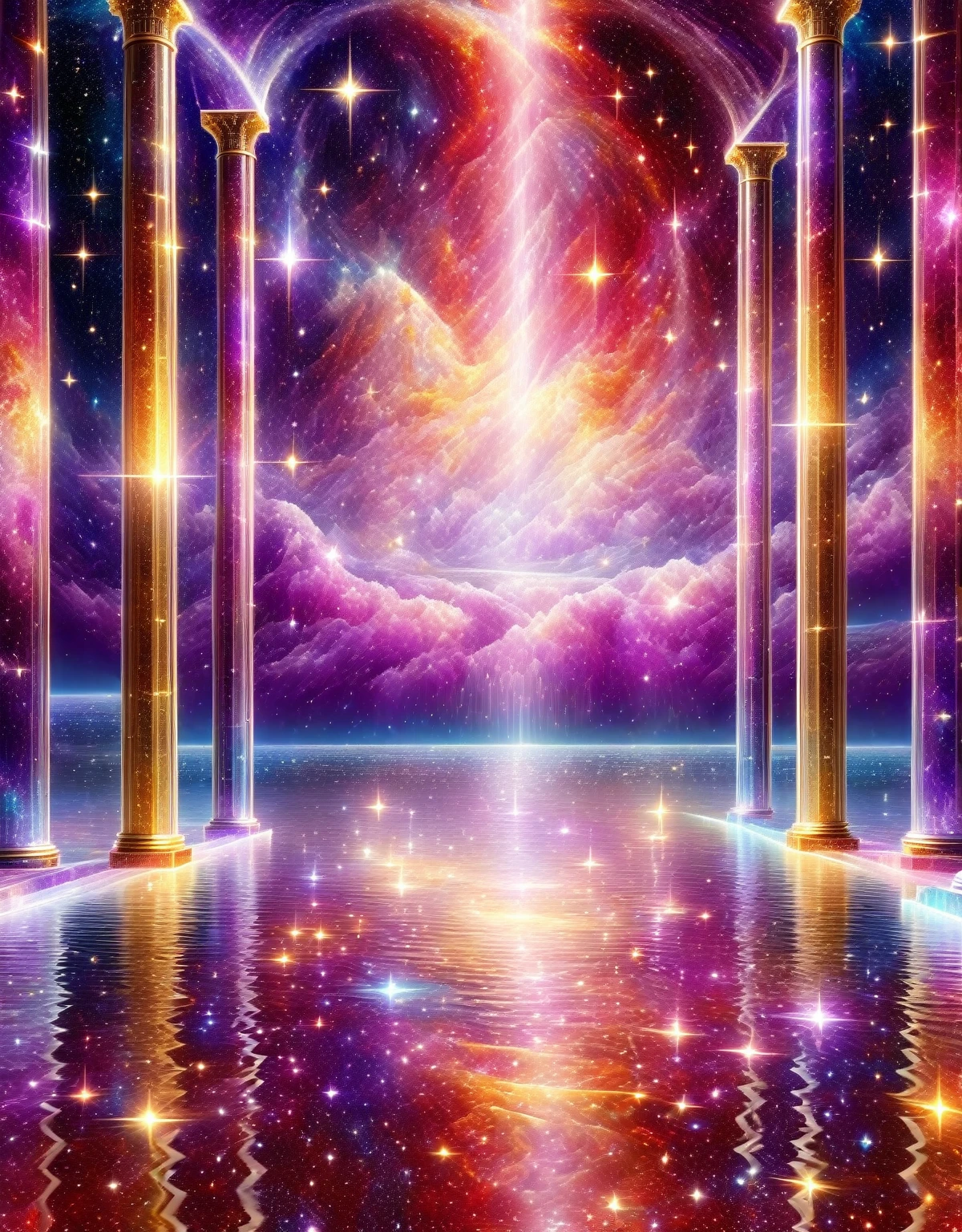 ( cosmic red and violet backgroud with small crystaline glimmering stars, golden pillars made out of gold from bottom to top, floor made of diamonds and gold, in the middle of the pillars and dividing the floor a river of water with crystal aspect, new Jerusalem, celestial Zion)