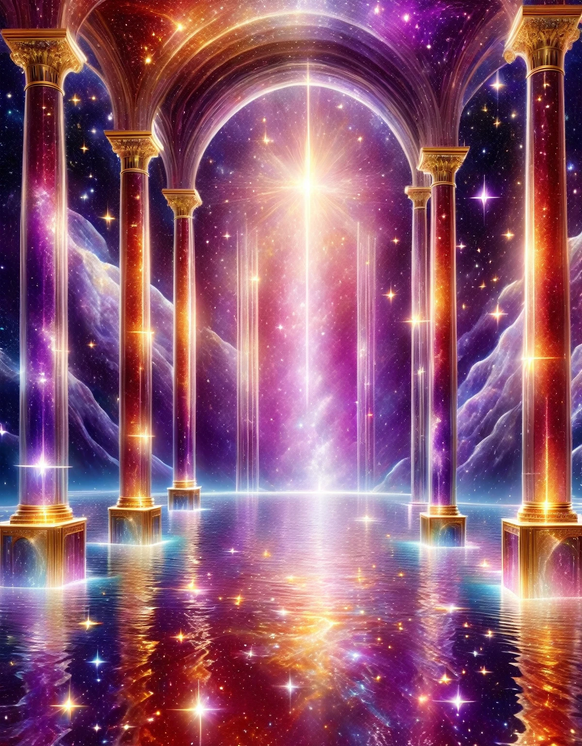 ( cosmic red and violet backgroud with small crystaline glimmering stars, golden pillars made out of gold from bottom to top, floor made of diamonds and gold, in the middle of the pillars and dividing the floor a river of water with crystal aspect, new Jerusalem, celestial Zion)