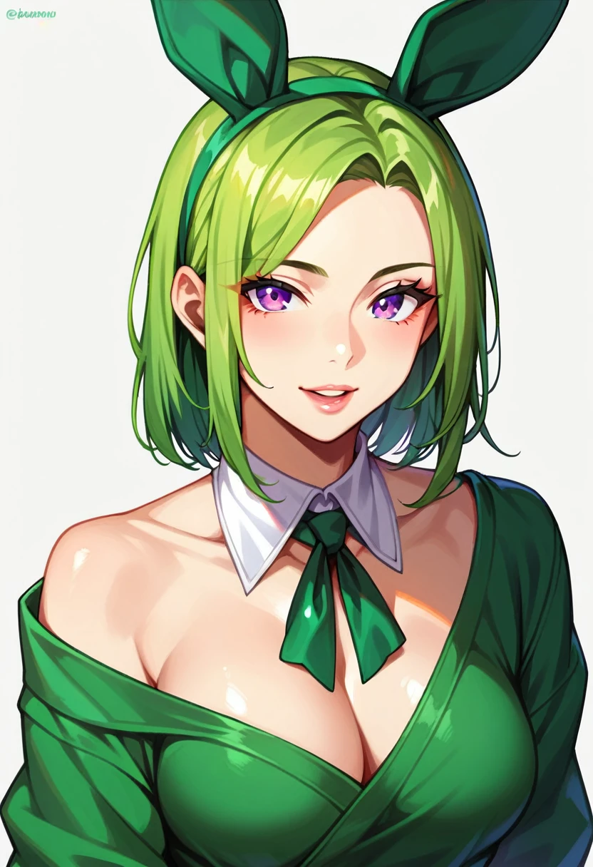 Green medium hair,purple eyes,green bunny ears,random clothes