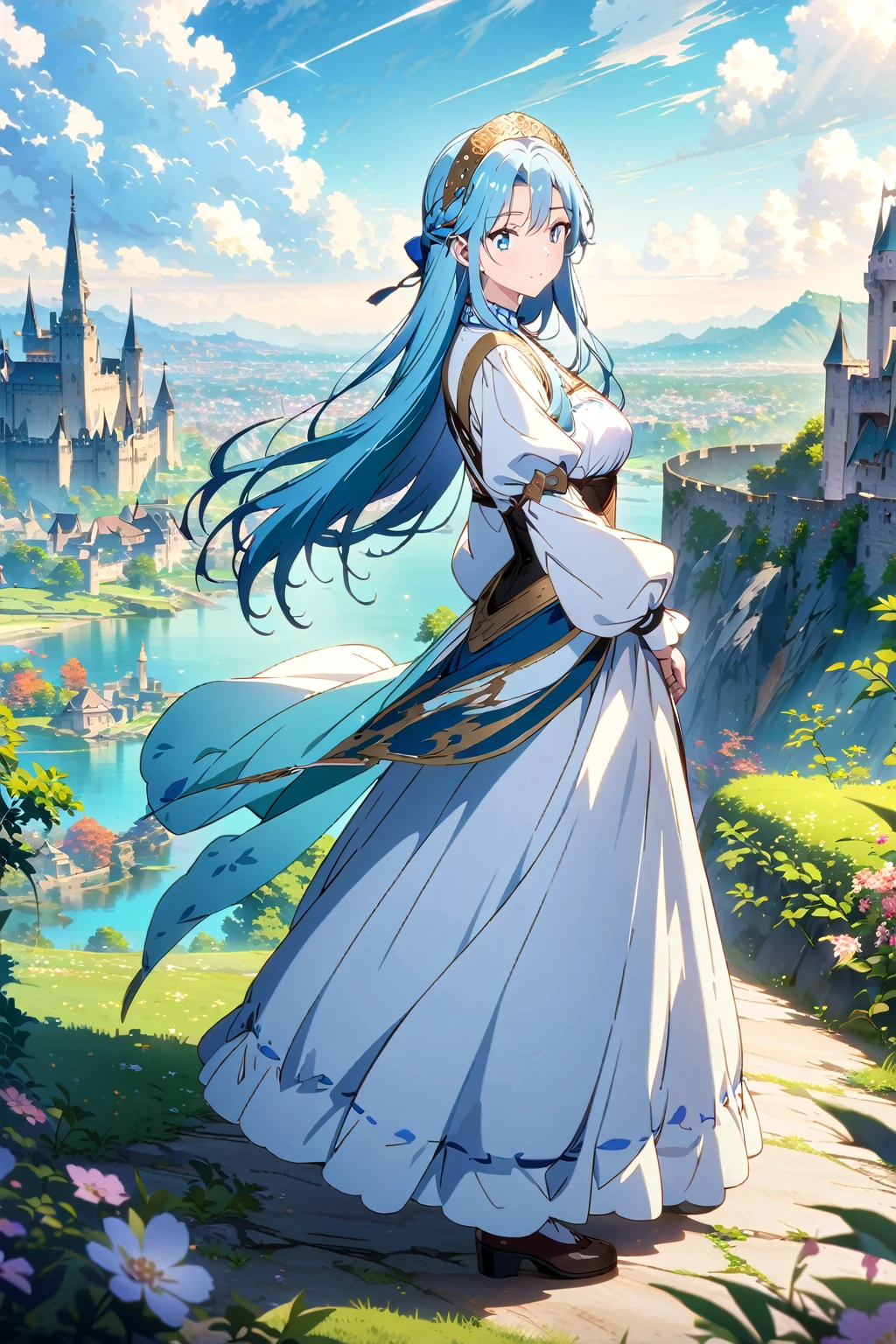 (超detailedなイラスト:1.2),Very delicate and beautiful,非常にdetailed,CG,Unity,8k wallpaper,wonderful,detailed,masterpiece,The best quality in the best condition,Official Art,非常にdetailed CG 8k Unbelievably ridiculous resolution,Beautiful and exquisite,High resolution,(非常にdetailedな目と顔),Anime girl with long hair and blue eyes standing in front of a castle, Anime fantasy artwork, Beautiful fantasy anime, Fantasy art style, Beautiful maiden,