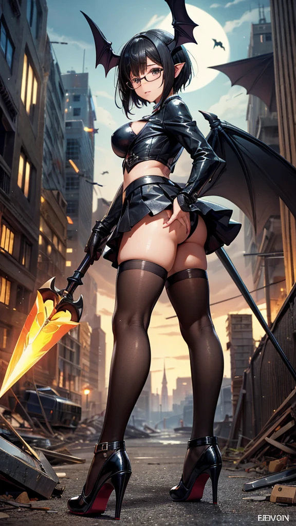 Female with short black hair, medium breasts and round ears ，Glasses，Bat Wings，Suit，Mini skirt，Bare Legs，black stockings，high heels，spear，ruined city