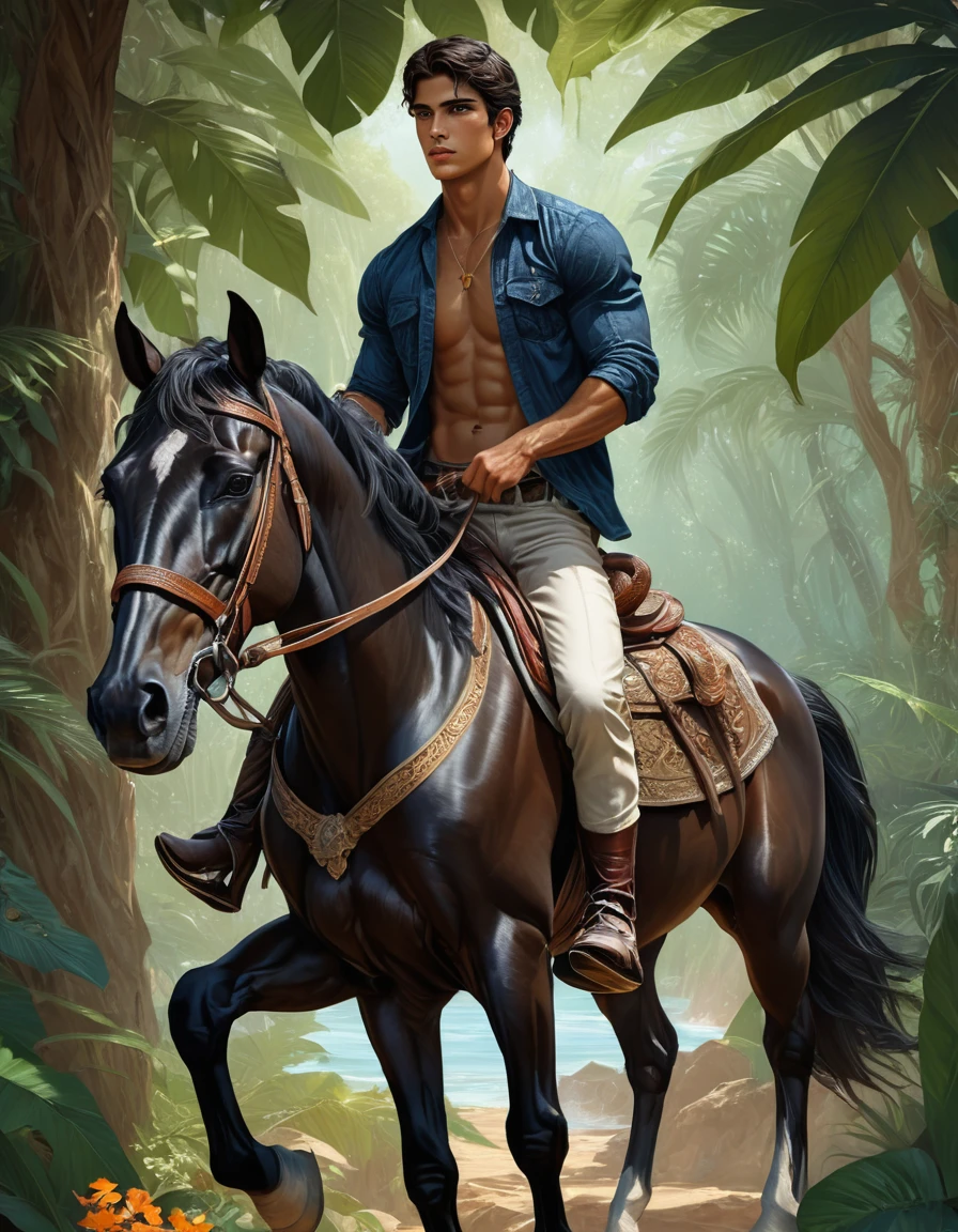 intense ligth colors palette , simetryc composition,  ultradetailed art style, oil painting, fullbody, perfect compositicion,  perfect anatomy, wearing small litle shorts, dramatic, natural lighting, a young gorgeous, handsome, tall, perfect feet, latino ,  detailed realistic muscles, simetryc body,  he is  riding a black horse and holding a sort , carring  a multicolor back bag,   in a mixed scenario of jungle and forest