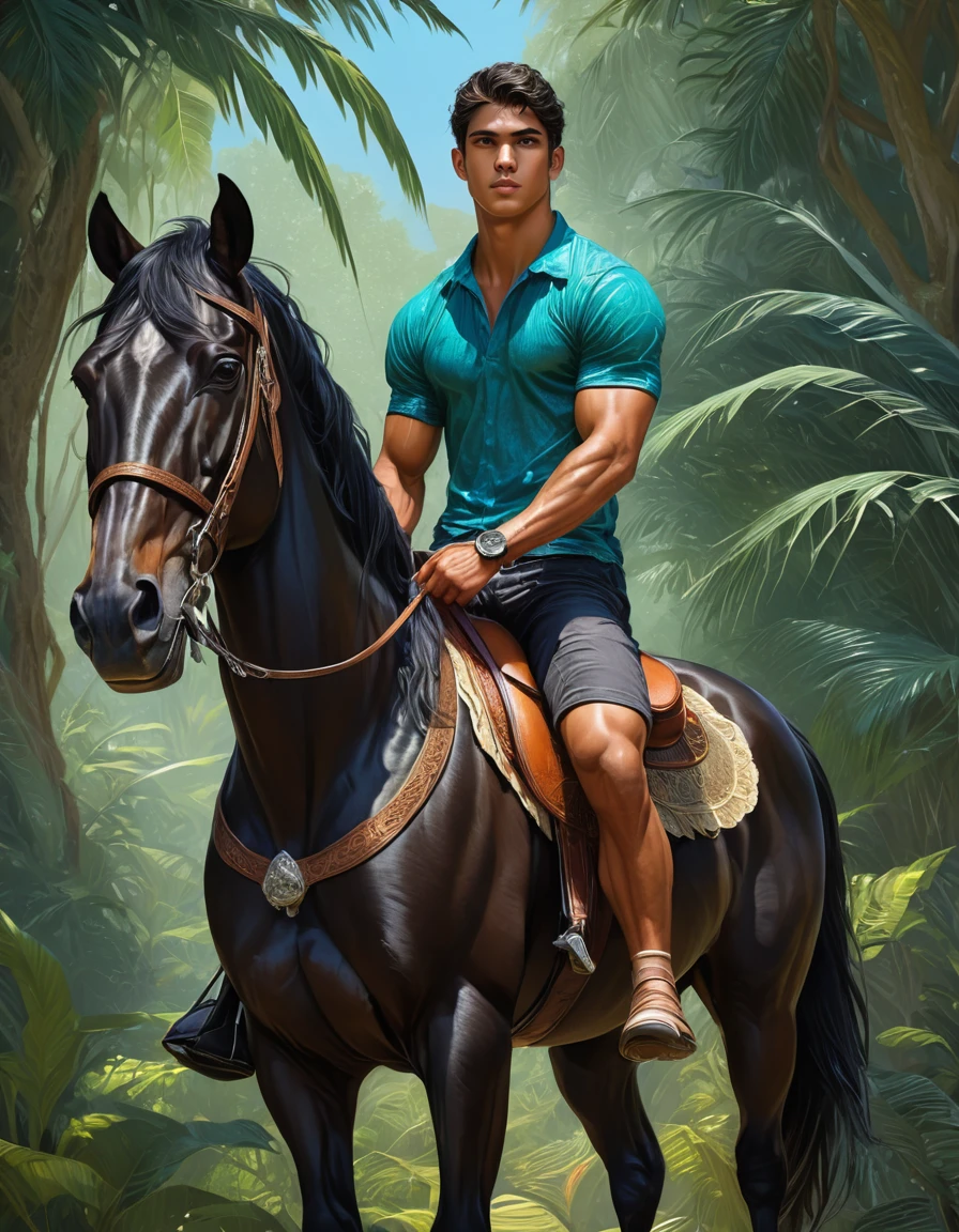 intense ligth colors palette , simetryc composition, ultradetailed art style, oil painting, fullbody, perfect compositicion, perfect anatomy, wearing small litle shorts, dramatic, natural lighting, a young gorgeous, handsome, tall, perfect feet, latino , detailed realistic muscles, simetryc body, he is riding a black horse and holding a sort , carring a multicolor back bag, in a mixed scenario of jungle and forest