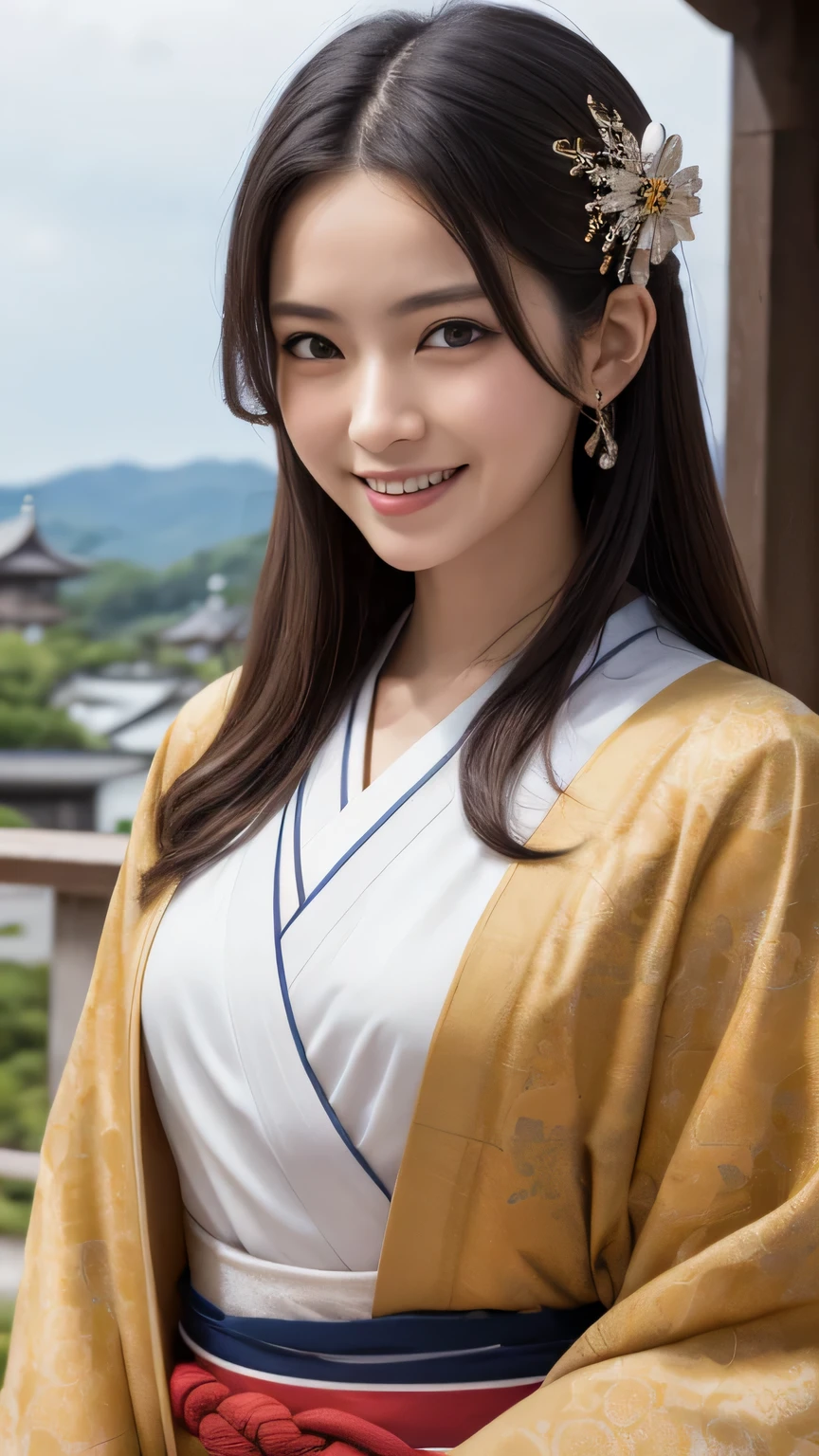 (RAW shooting, Photorealistic:1.5, 8K, Highest quality, masterpiece, Ultra-high resolution), Sengoku, Perfect dynamic composition:1.2, mysterious:1.3, Highly detailed skin and facial textures:1.3, A slender female samurai is brandishing a Japanese sword:1.1, beautifully、aesthetic:1.2, Cute and sexy beauty, Perfect Style, Wear an exquisite ring, fire, water, Wind, thunder, ice, Fair skin, Very beautiful face,, (Embarrassed smile, Her facial expression when she felt intense caressing, Facial expressions when feeling happy), (Wear gorgeous Sengoku:1.1, ), (Beautiful Blue Eyes, Beautiful erotic eyes:0.8), (Fascinating:0.9), Full Body Shot, Japanese castle in the background, Twelve-layered kimono, Maiko's Kimono