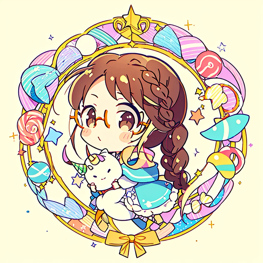 Circular emblem{star、ribbon、unicorn、candy、rainbow}、A girl with a single braided hairstyle{Glasses、Brown Hair、Brown eyes、Light blue sailor suit}