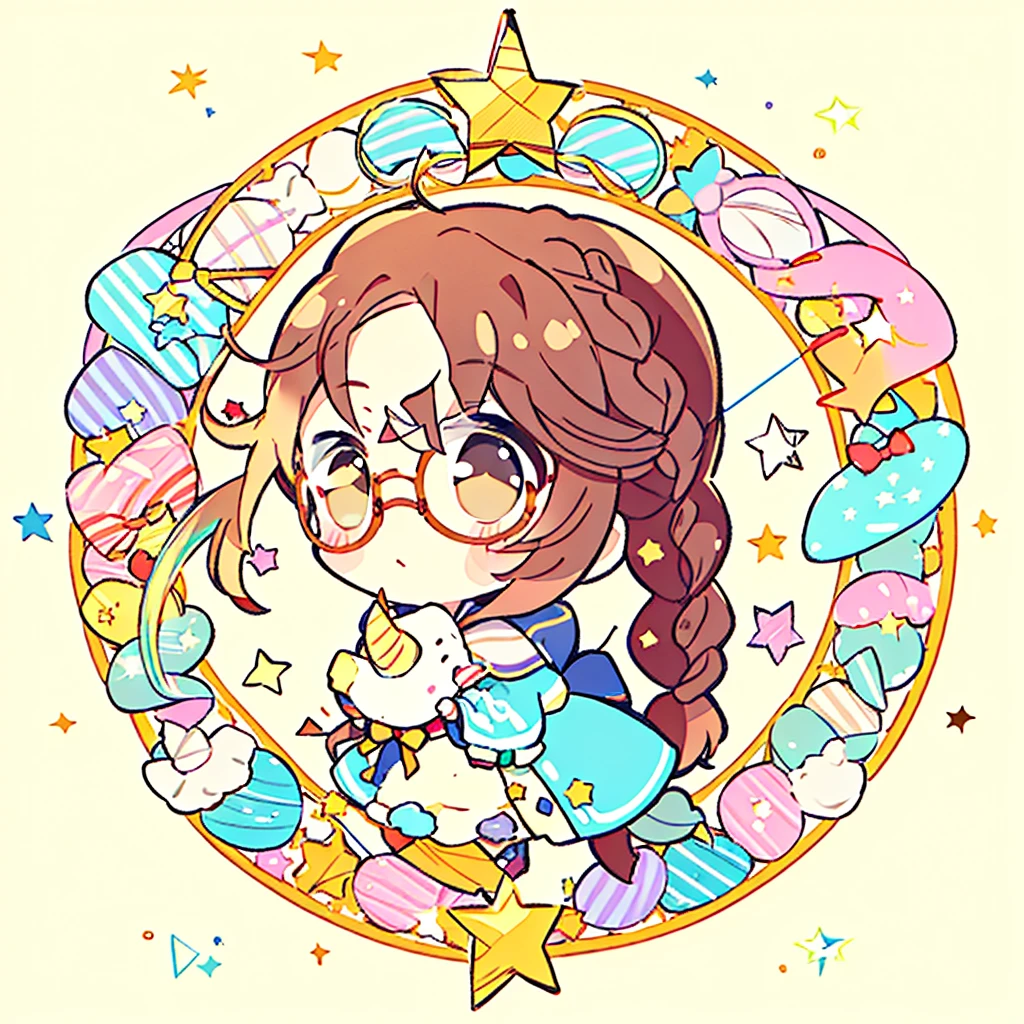 Circular emblem{star、ribbon、unicorn、candy、rainbow}、A girl with a single braided hairstyle{Glasses、Brown Hair、Brown eyes、Light blue sailor suit}