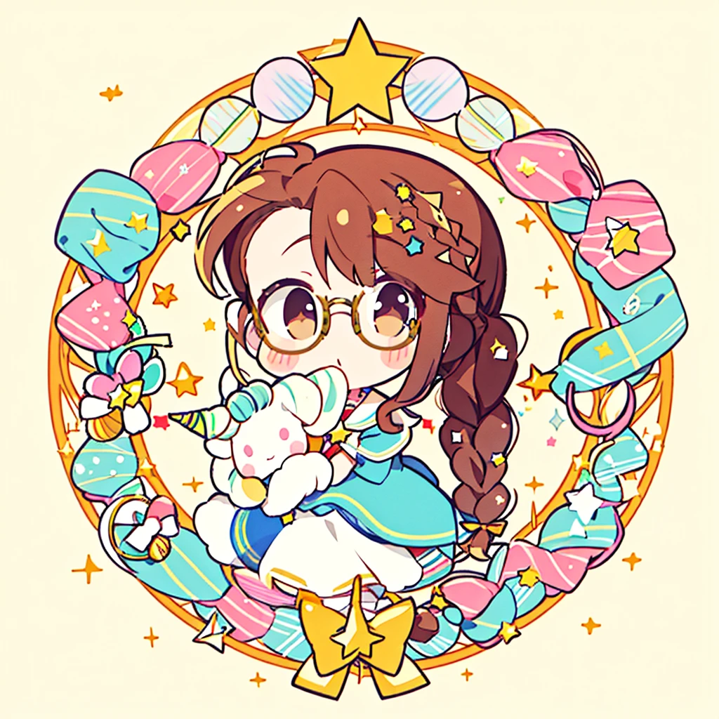 Circular emblem{star、ribbon、unicorn、candy、rainbow}、A girl with a single braided hairstyle{Glasses、Brown Hair、Brown eyes、Light blue sailor suit}