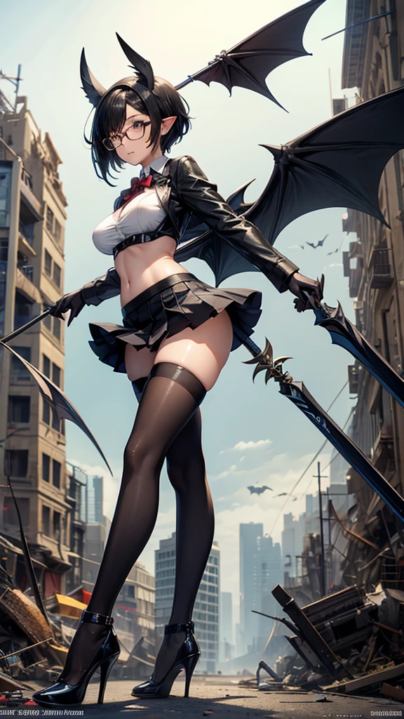 Female with short black hair, medium breasts and long ears ,Glasses,Bat Wings,Suit,Mini skirt,Bare Legs,black stockings,high heels,spear,ruined city