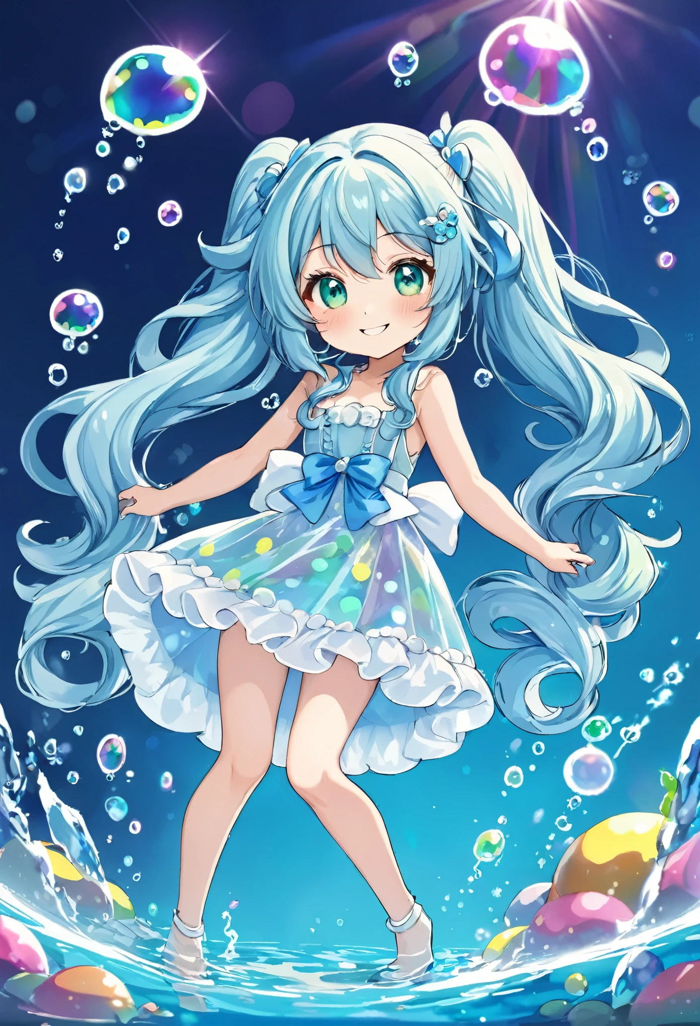 Chibi character in water with lots of bubbles　Lots of big bubbles　Rainbow bubbles　Light blue long hair　Twin-tailed Chibi Character　In crystal clear water　Smiling Girl