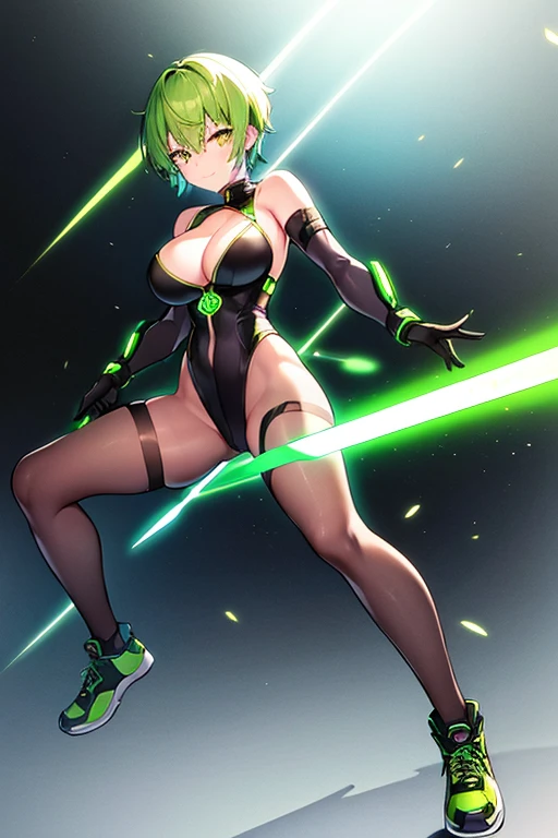 1girl, green hair, yellow eyes, pixie cut, very short hair, smile, , leotard, black leotard, pantyholack pantyhose, nfuturistic, science-fiction, full_body, ((full body)), mature female, hos figure, large breasts, machinery, tec trim, sneakers, fighting stance, lightsaber, sword