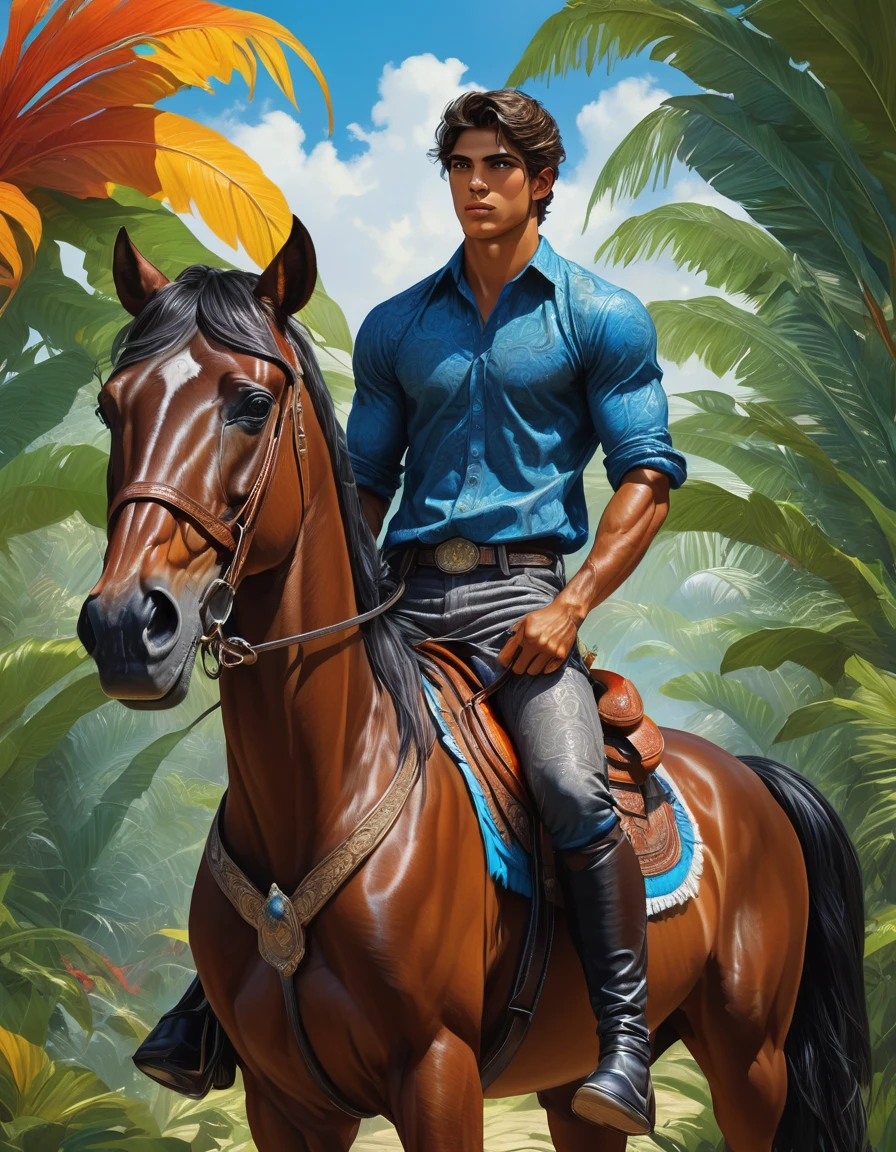 deep colors palette , simetryc composition, ultradetailed art style, oil painting, fullbody, perfect compositicion, perfect anatomy, wearing small litle shorts, dramatic, natural lighting, a young gorgeous, handsome, tall, perfect feet, latino , detailed realistic muscles, simetryc body, he is riding a black horse and holding a sort , carring a multicolor back bag, in a mixed scenario of jungle and forest