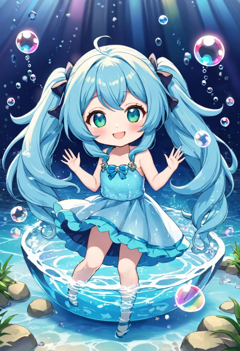Chibi character in water with lots of bubbles Lots of big bubbles Rainbow bubbles Light blue long hair Twin-tailed Chibi Character In crystal clear water Smiling Girl