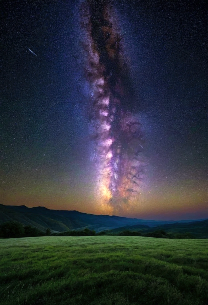 A vast field under a starry sky, with the Milky Way visible