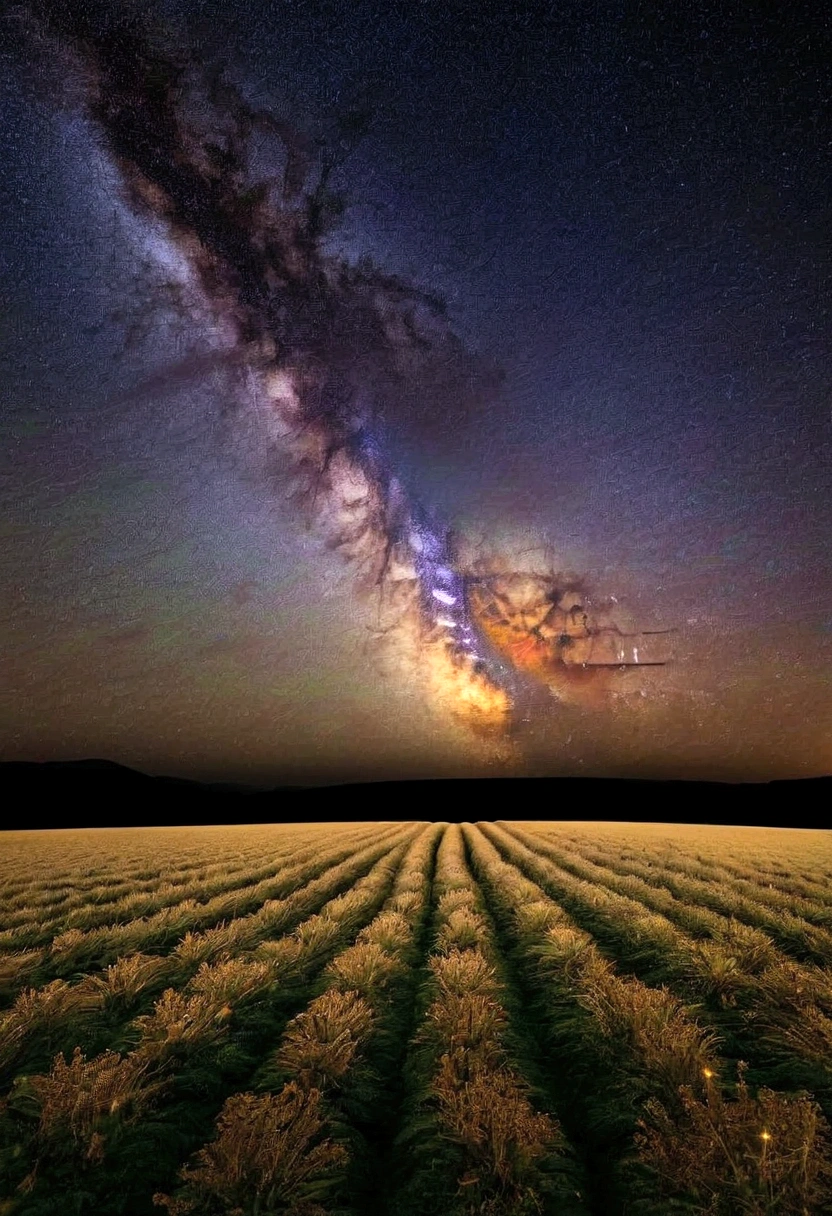 A vast field under a starry sky, with the Milky Way visible