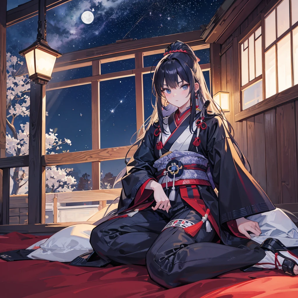 A samurai sitting in a period house with the night with stars and the moon in the background