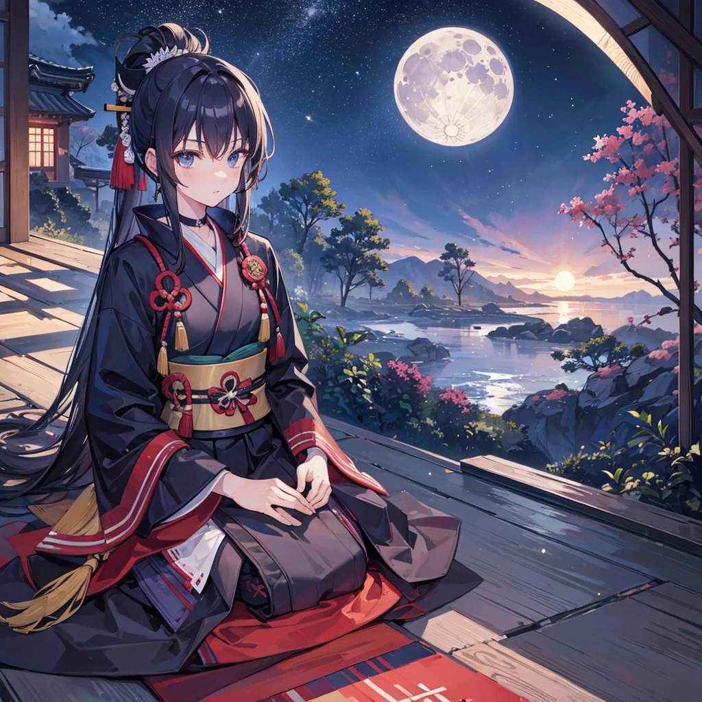 A samurai sitting in a period house with the night with stars and the moon in the background