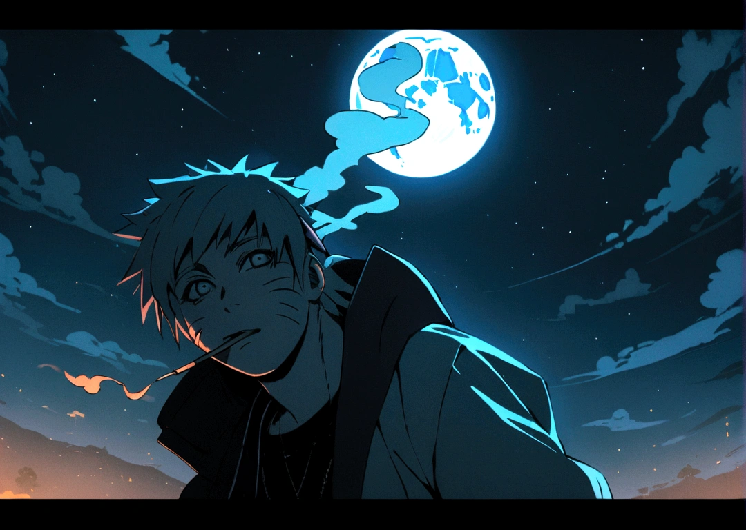 Naruto smoking weed outside at night, on a full moon night. cena  ultra wide 4k 90s