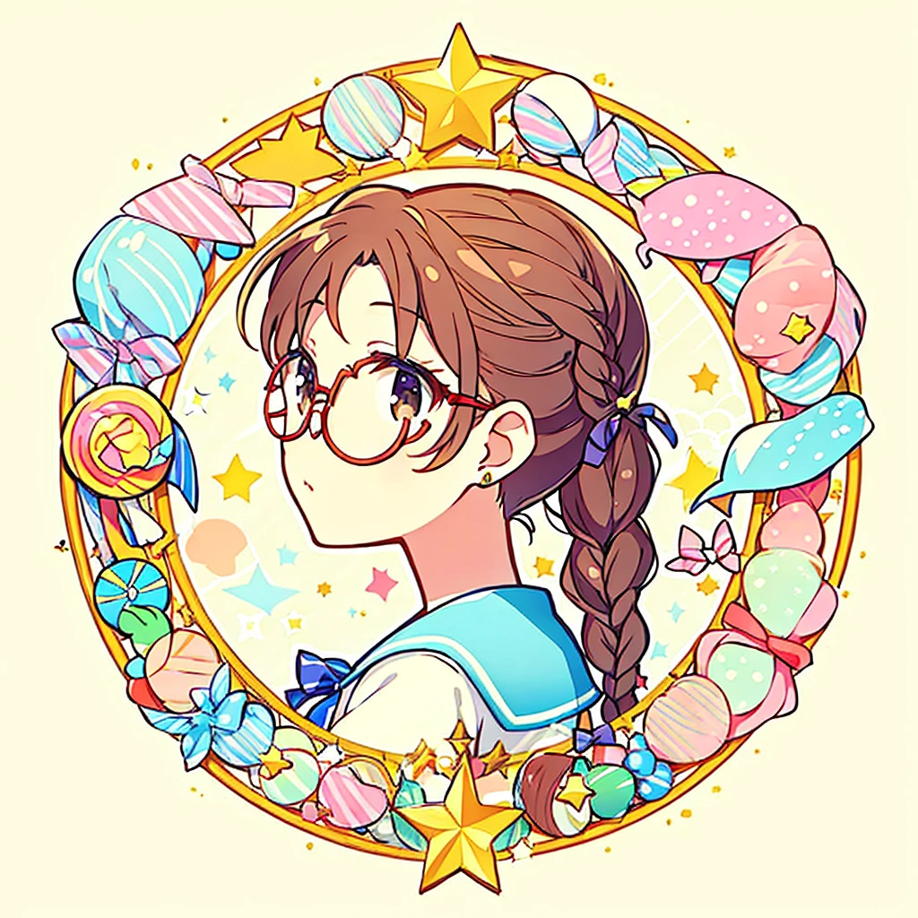 Circular emblem{star、ribbon、unicorn、candy、rainbow}、A girl with a single braided hairstyle{Glasses、Brown Hair、Brown eyes、Light blue sailor suit}