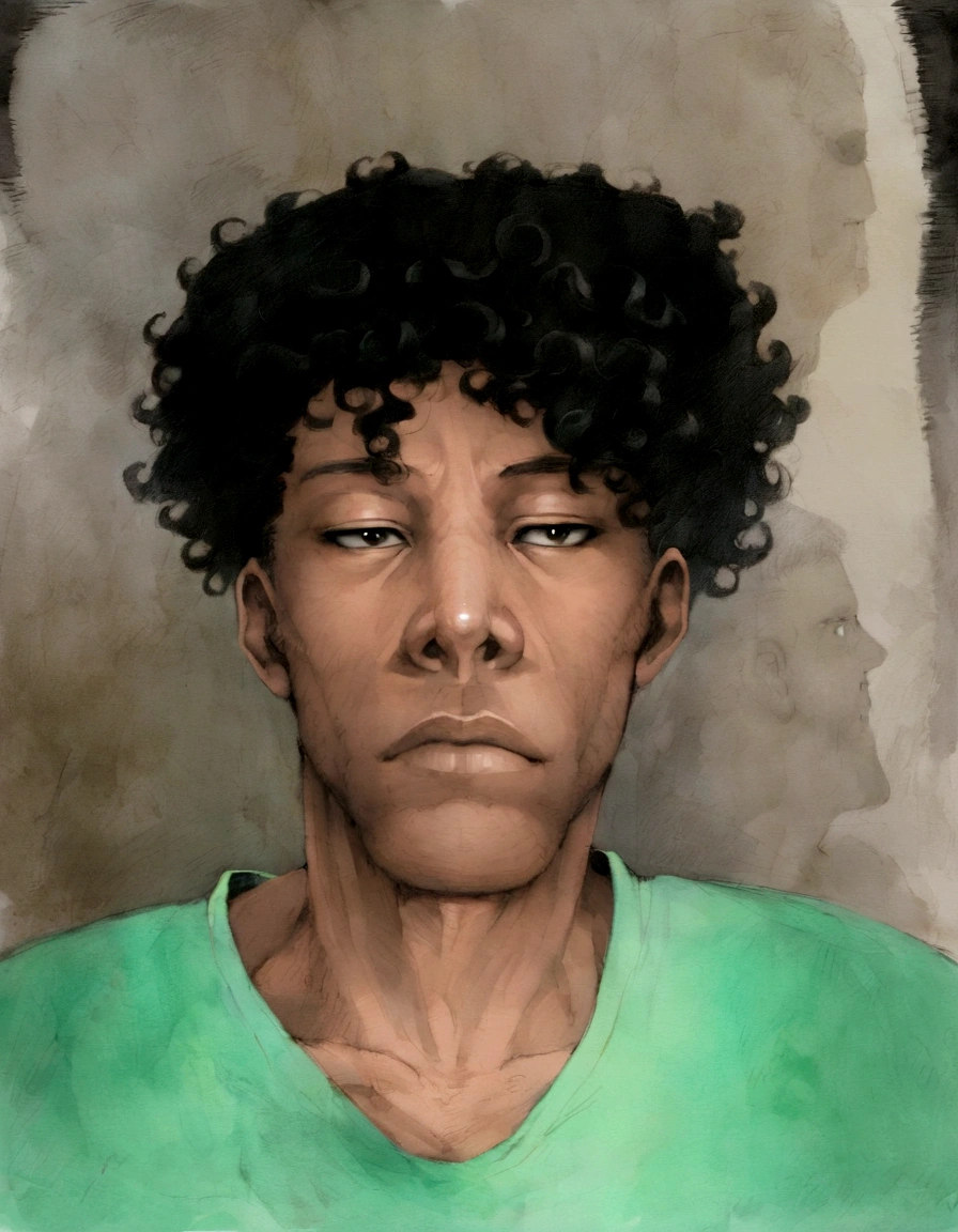 there is a man with a green shirt and silver hair, taken in the early 2020s, profile headshot, a black man with long curly hair, around 19 years, curls on the top of your head, 1 / 2 shots to the head, headshot, 1 / 4 headshot, full head shot, Riyahd Cassiem, half body headshot