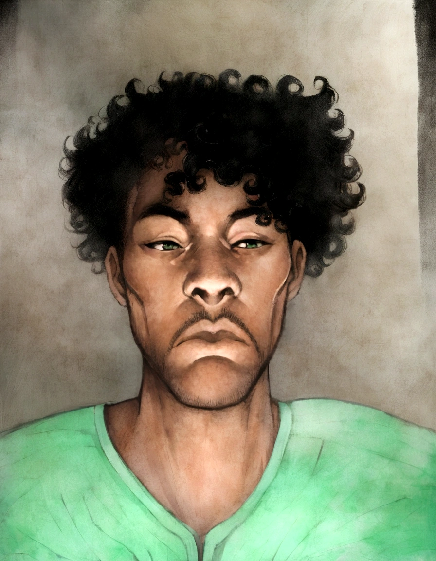 there is a man with a green shirt and silver hair, taken in the early 2020s, profile headshot, a black man with long curly hair, around 19 years, curls on the top of your head, 1 / 2 shots to the head, headshot, 1 / 4 headshot, full head shot, Riyahd Cassiem, half body headshot