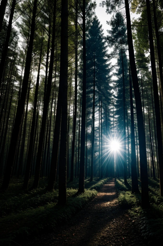 Dark Forest with Flash of Light in the Dark