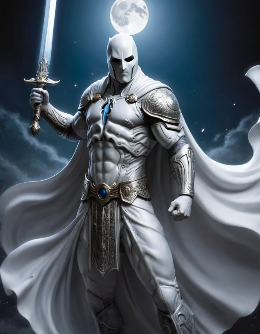 A closeup of fantastical image of a moon knight, clad in flowing, flowing robes, wielding an ornate, ornate blade. Their eyes are filled with power and determination, as they wield the sword in a fluid, dynamic motion. The moon's reflection highlights their magical power