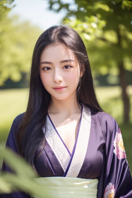 Super super realistic、high quality、Very detailed、Ultra-high resolution、Black Hair、Long Hair、The Beauty of Japan、No makeup、double、Wide-set eyes、Sensual eyes、Sleepy eyes、Apple Cheeks、Alabaster peel、Thin eyebrows 、teeth、Thick lips、sad、behind、Embarrassing 、Apply blush all over the face、Sticking out tongue、Mole under  eye、Half-closed eyes、Hollow Eyes、envy、Exhausted、19 years old、height: 147cm、she wearing deep purple and black kimono、standing on Flower Meadow of Delphinium、sunlight、full body、blue sky、glint、