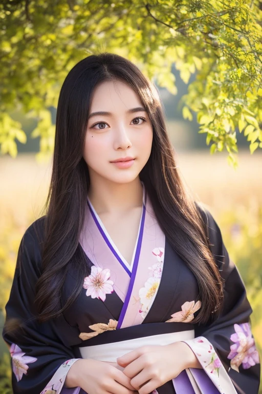 Super super realistic、high quality、Very detailed、Ultra-high resolution、Black Hair、Long Hair、The Beauty of Japan、No makeup、double、Wide-set eyes、Sensual eyes、Sleepy eyes、Apple Cheeks、Alabaster peel、Thin eyebrows 、teeth、Thick lips、sad、behind、Embarrassing 、Apply blush all over the face、Sticking out tongue、Mole under eye、Half-closed eyes、Hollow Eyes、envy、Exhausted、19 years old、height: 147cm、she wearing deep purple and black kimono、standing on Flower Meadow of Delphinium、sunlight、full body、blue sky、glint、