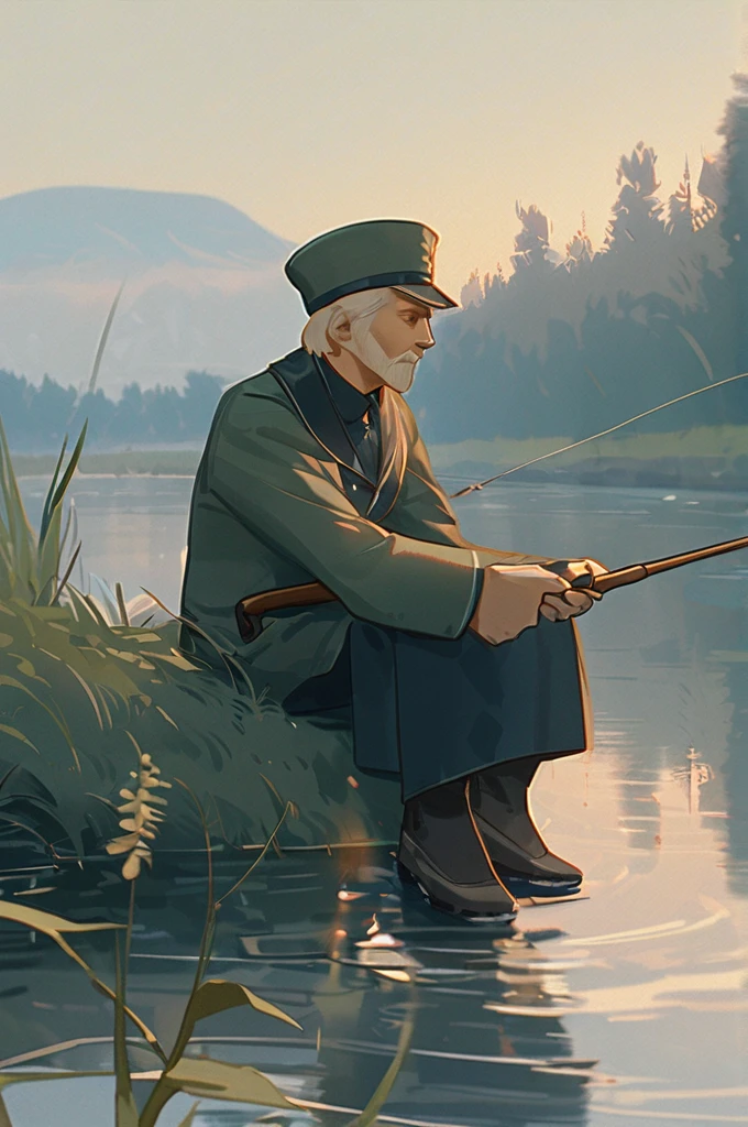 ((Лучшее качество)), ((шедевр)), (подробный), Vladimir Ilyich Lenin is sitting on the riverbank with a fishing rod and fishing