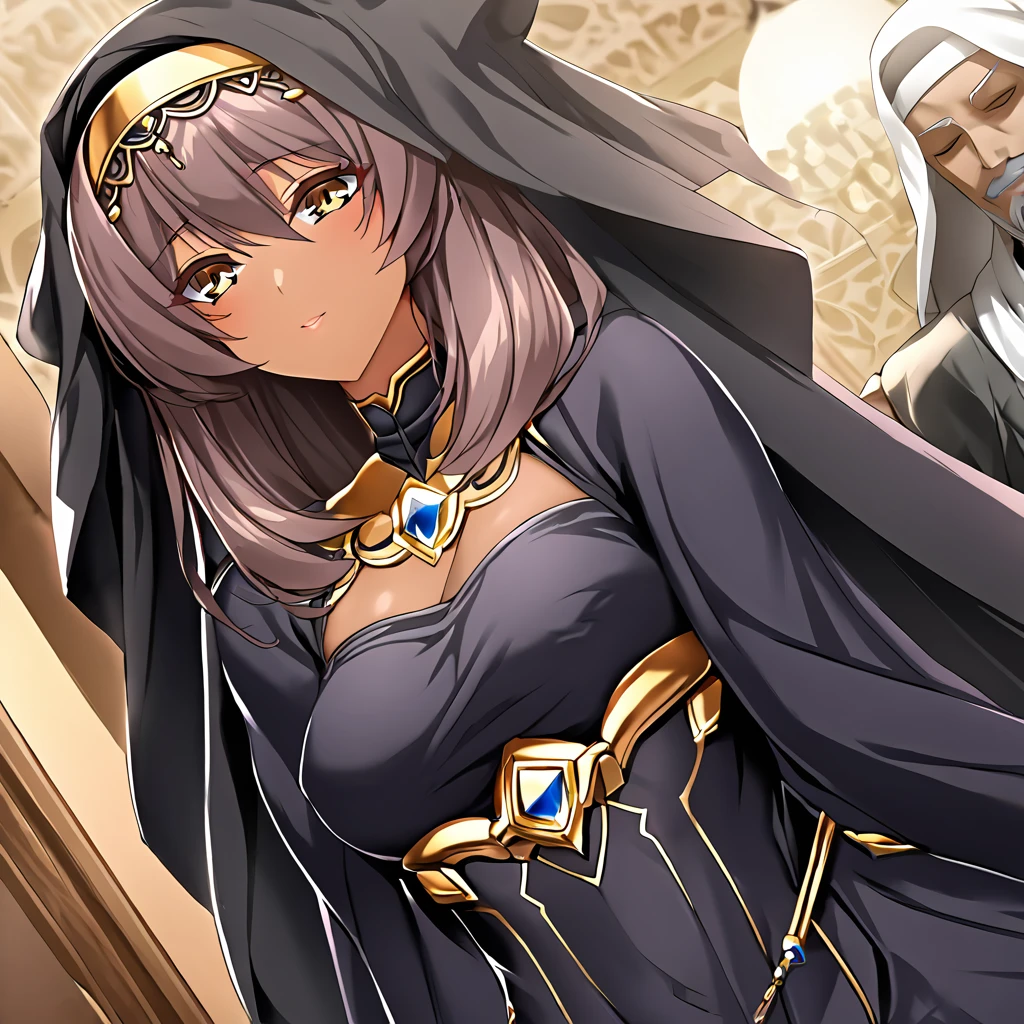 ((Highest quality)), ((masterpiece)), (detailed), （Perfect Face）、Women must wear black hijabs and niqabs、The woman is a devout Muslim, Ekstia., Arab with bright brown skin, In an Islamic prayer hall、She wears a gorgeous black abaya with gold embroidery.。, A gorgeous black hijab and niqab tightly covers her head, Gorgeous hair ornament, Gorgeous jewellery and engagement rings. The woman and the man are in a luxurious palace, And the woman、Wearing Arab national dress、In an Islamic prayer hall with a dignified bearded middle-aged Arab Muslim man。.、The woman is elegant and elegant., Blue semi-long hair, Black abaya and、She is wearing a gorgeous, skin-tight black hijab and niqab.. She is a devout Muslim Arab with vibrant brown skin.。.、（The woman was named Extia.、He is a dark-skinned Arab and a devout Muslim.。.）