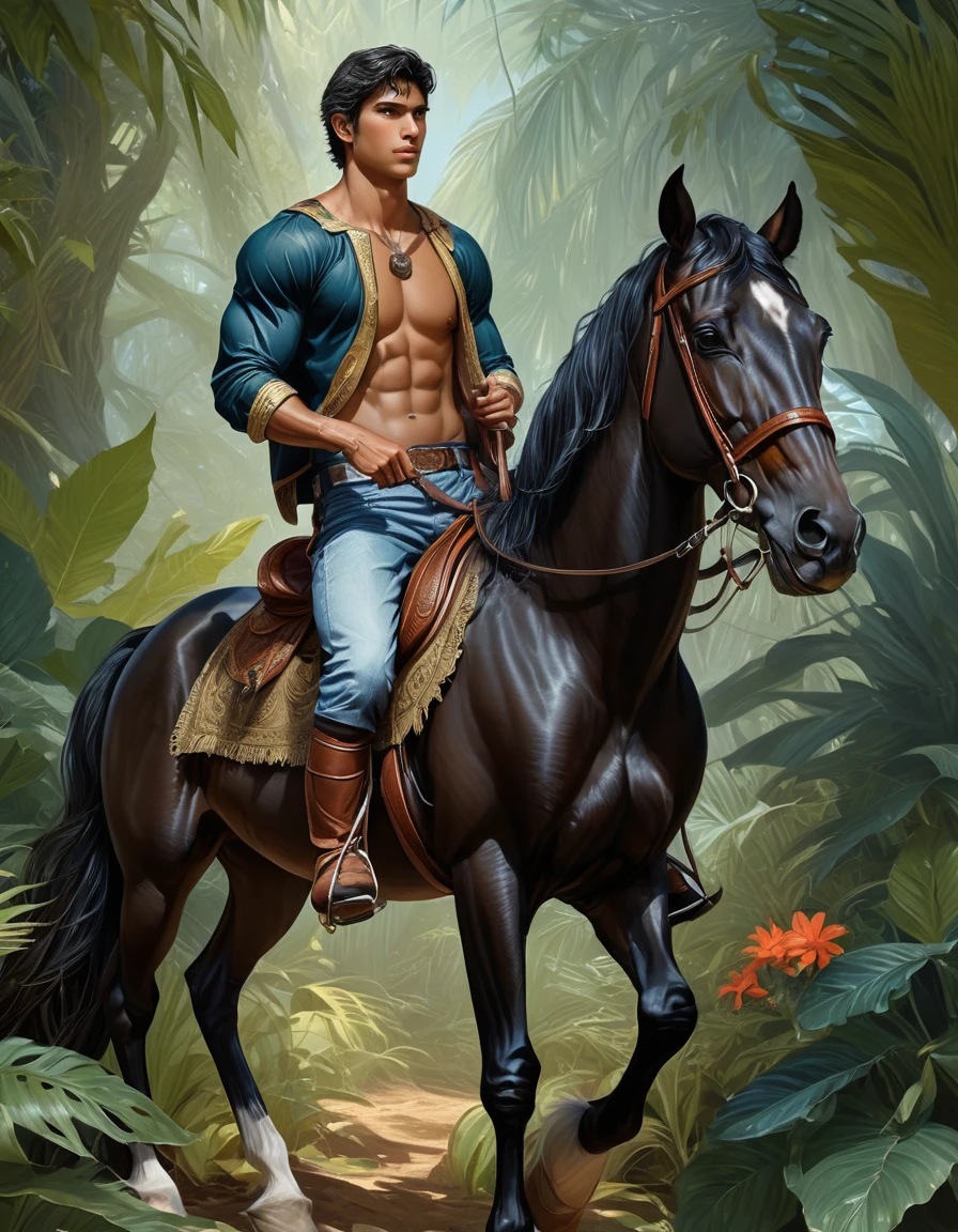 satured rich colors palette , simetryc composition, ultradetailed art style, oil painting, fullbody, perfect compositicion, perfect anatomy, wearing small litle shorts, dramatic, natural lighting, a young gorgeous, handsome, tall, perfect feet, latino , detailed realistic muscles, simetryc body, he is riding a black horse and holding a sort , carring a multicolor back bag, in a mixed scenario of jungle and forest