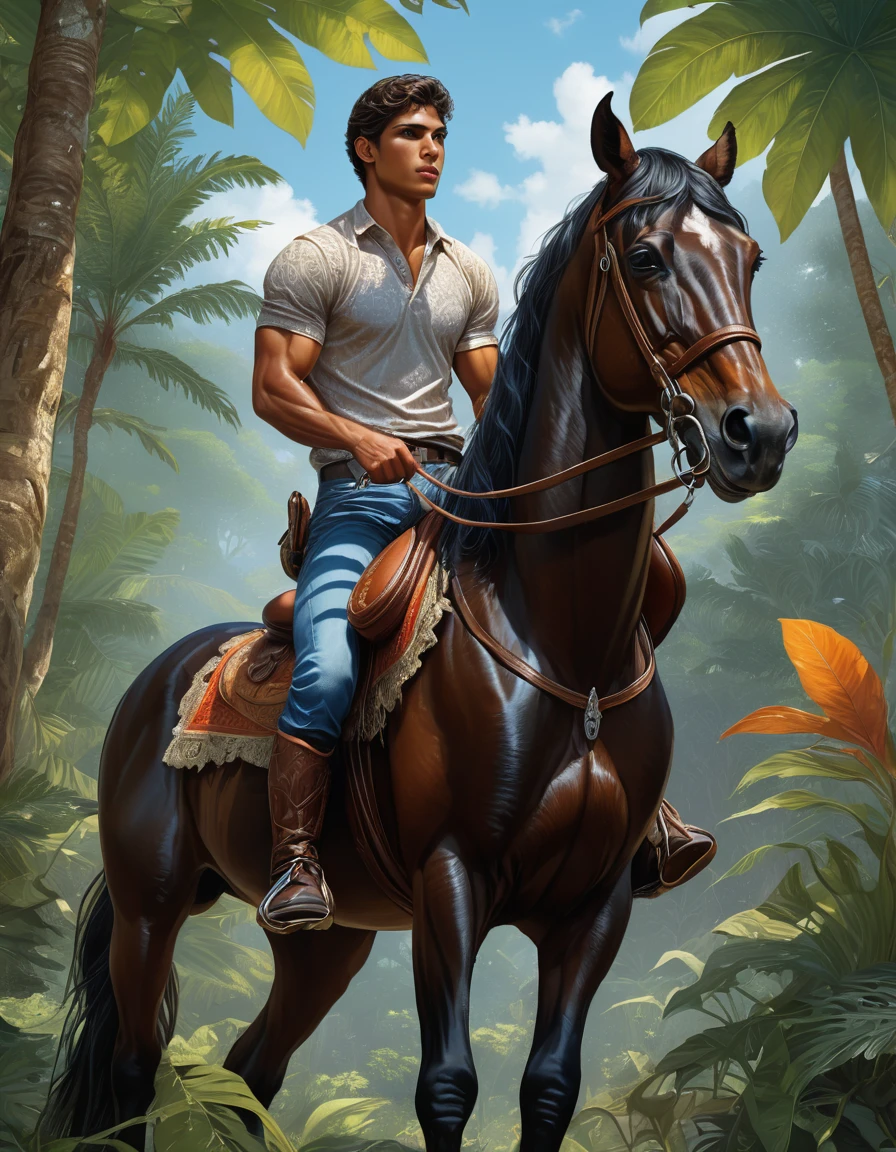 satured rich colors palette , simetryc composition,  ultradetailed art style, oil painting, fullbody, perfect compositicion,  perfect anatomy, wearing small litle shorts, dramatic, natural lighting, a young gorgeous, handsome, tall, perfect feet, latino ,  detailed realistic muscles, simetryc body,  he is  riding a black horse and holding a sort , carring  a multicolor back bag,   in a mixed scenario of jungle and forest