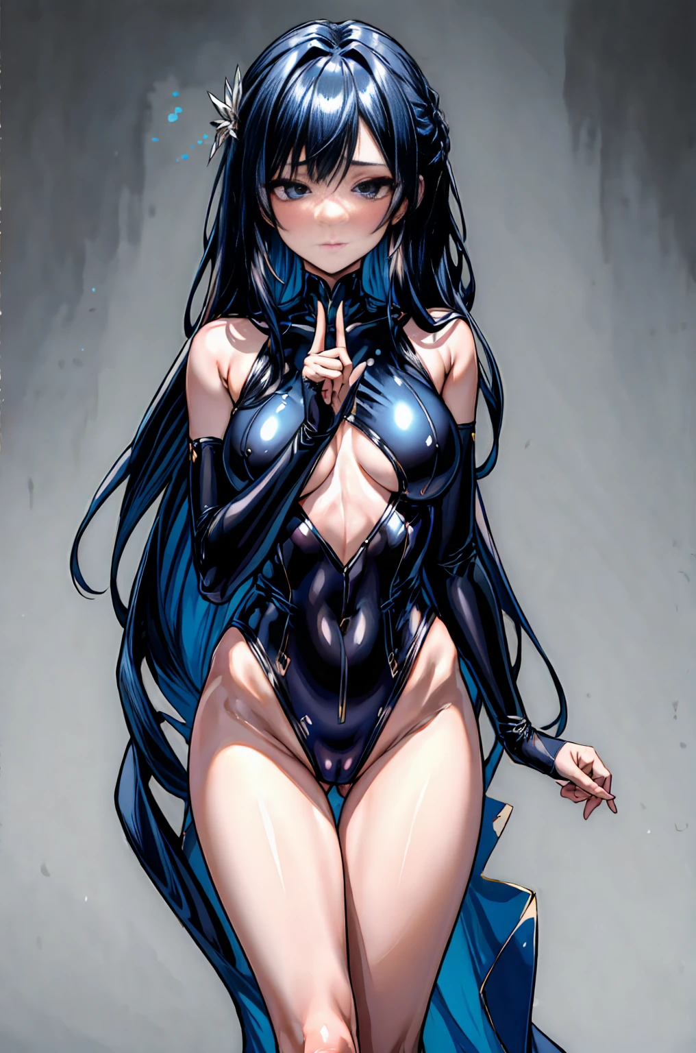(lady's_whole_body_is_underwater),(standing),(front_view,view_straight),(clear_face,expressionless), break (super_long_black_hair:1.1),shiny_hair, break, super_highleg,black_Leotard,turtleneck, break, Shiny_skin,gleaming_skin, break, Large_breasts,skinny_female, break, bare_shoulders,bare_arms,bare_hand,bare_parm,bare_finger_bare_legs,bare_foot, break, 1lady,solo,dynamic_lighting,dispersion_light,caustics,8K,large_filesize,illustration,beautiful_detailed_face,beautiful_detailed_glow,beautiful_detailed_girl,an_extremely_delicate_and_beautiful,very_high_resolution,finely_detail, 5fingers,five_fingers,