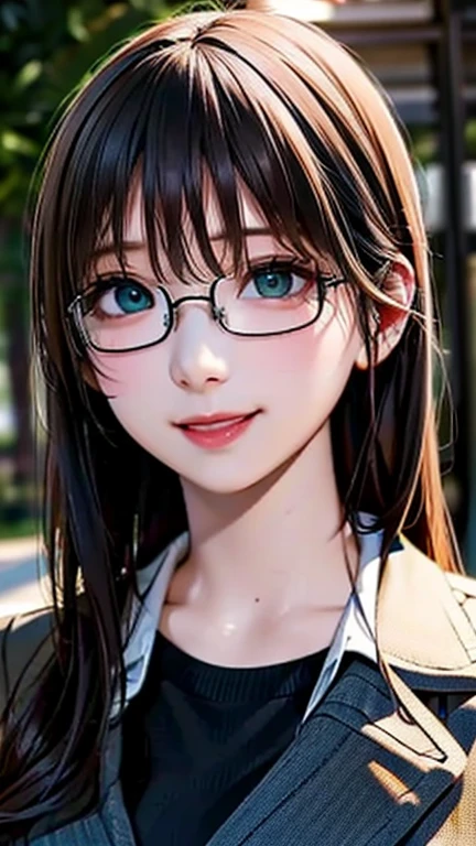 (Browsing Caution:1.2), (8K, RAW Photos, Best image quality, masterpiece: 1.4), (Highly detailed CG Unity 8K wallpaper, Highest quality, High resolution: 1.2), (Ultra_Familiar, 超High resolution: 1.2), super highly Familiar, (Realistic, Realistic: 1.48), 1 Girl, Focus Only, Side Lock, bangs, ((Dark green eyes:1.4, Round eyes, Beautiful eyelashes)), Clear Eyes,Mid-chest,Shiny Hair, beautiful Familiar cold face,Captivating smile, Beautiful and delicate eyes with exquisite detail,Extremely accurate details,Skin dents,Outdoor,Perfect Face,Perfect body, Beautiful Eyes, Beautiful Face,(Portraiture:1.5),Beautiful clavicle,Upward glance,Very cute woman, ((The action of combing hair:1.3))、Black Hair、Long Hair、OL、Office Wear、Business Casual、shirt、skirt、pants suit、blazer、all、accessories、Glasses、Hairstyle、make、Professional、confidence、Grace、efficiency、liability、Loyalty to the organization