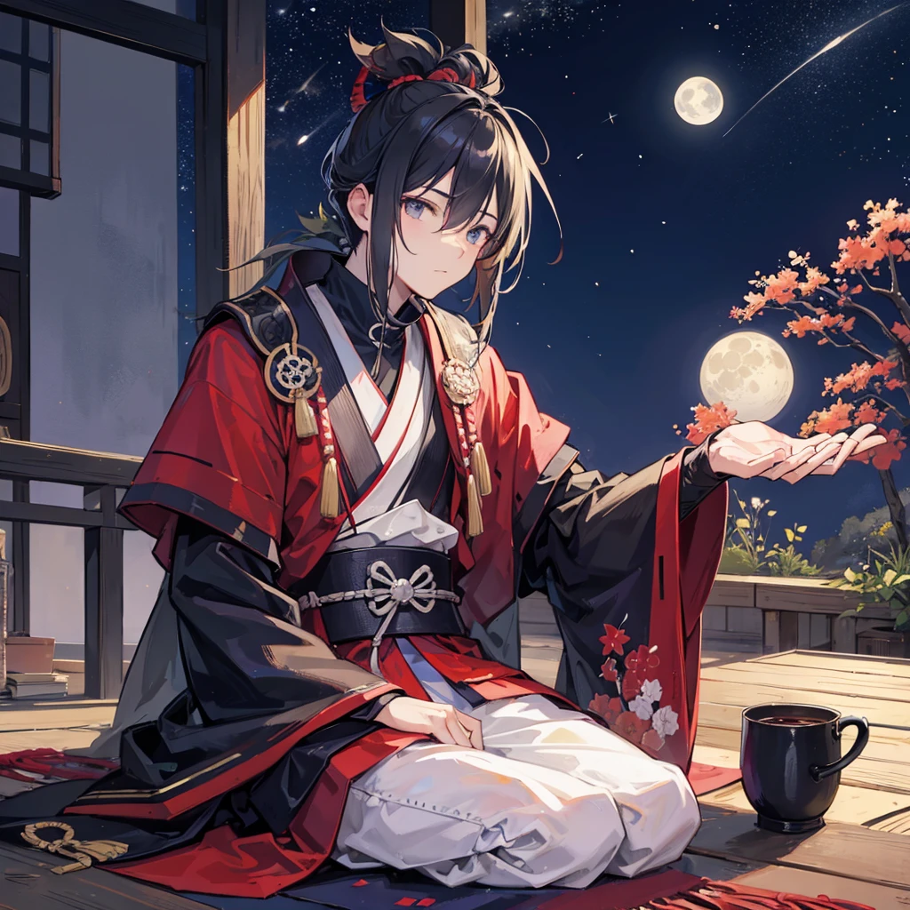 A samurai man in a period house sitting with the night with stars and the moon in the background