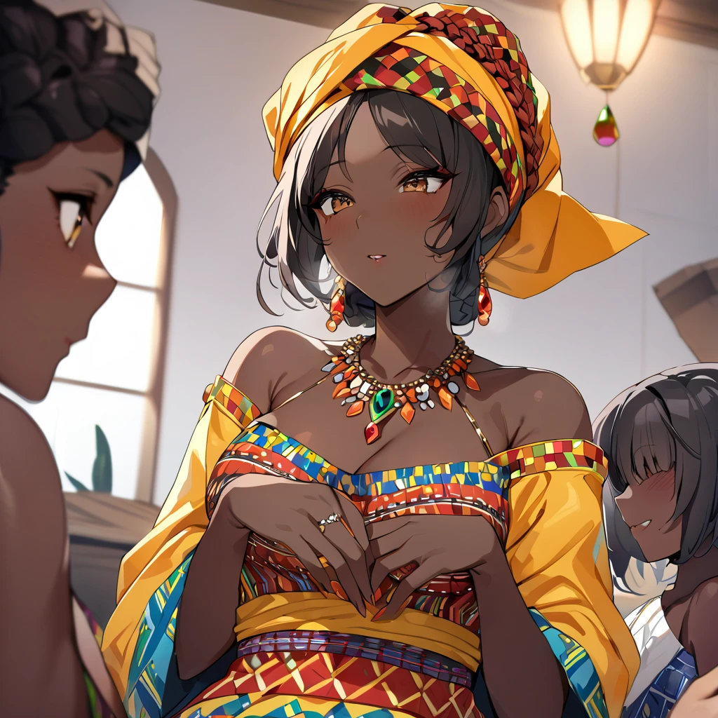((Highest quality)), ((masterpiece)), (detailed), (Perfect Face)、The woman has a vivid dark skin, is a natural-born black Ghanaian, and is wearing a colorful Ghanaian dress, a colorful turban head scarf, gorgeous jeweled accessories, and an engagement ring.、The woman was an elegant, Ghanaian with short black afro hair tied in a Ghana braid, wearing a colorful Ghanaian dress and a colorful turban headscarf, with bright dark brown skin and a natural black face.、(The woman is a black Ghanaian with vivid dark brown skin.)、The woman is raising and doing village work with other village girls in her village in Ghana.