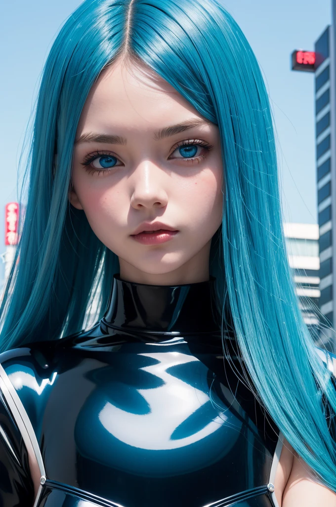 Kind girl, 8K, fancy, blue sky, thin-lines, latex, hair blue, greeneyes, Tokyo Neon, 