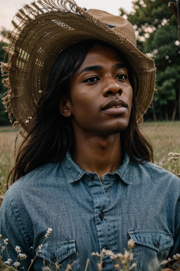 Make me a black man with big lips in a field 