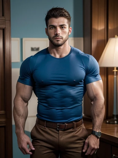Spain united in a very very muscular man, wearing a blue shirt tight to his large chest and brown pants tight to his muscular legs.,strong,gay,chestnut,with a Spanish face and he is a little dark and very muscular very muscular and very muscular