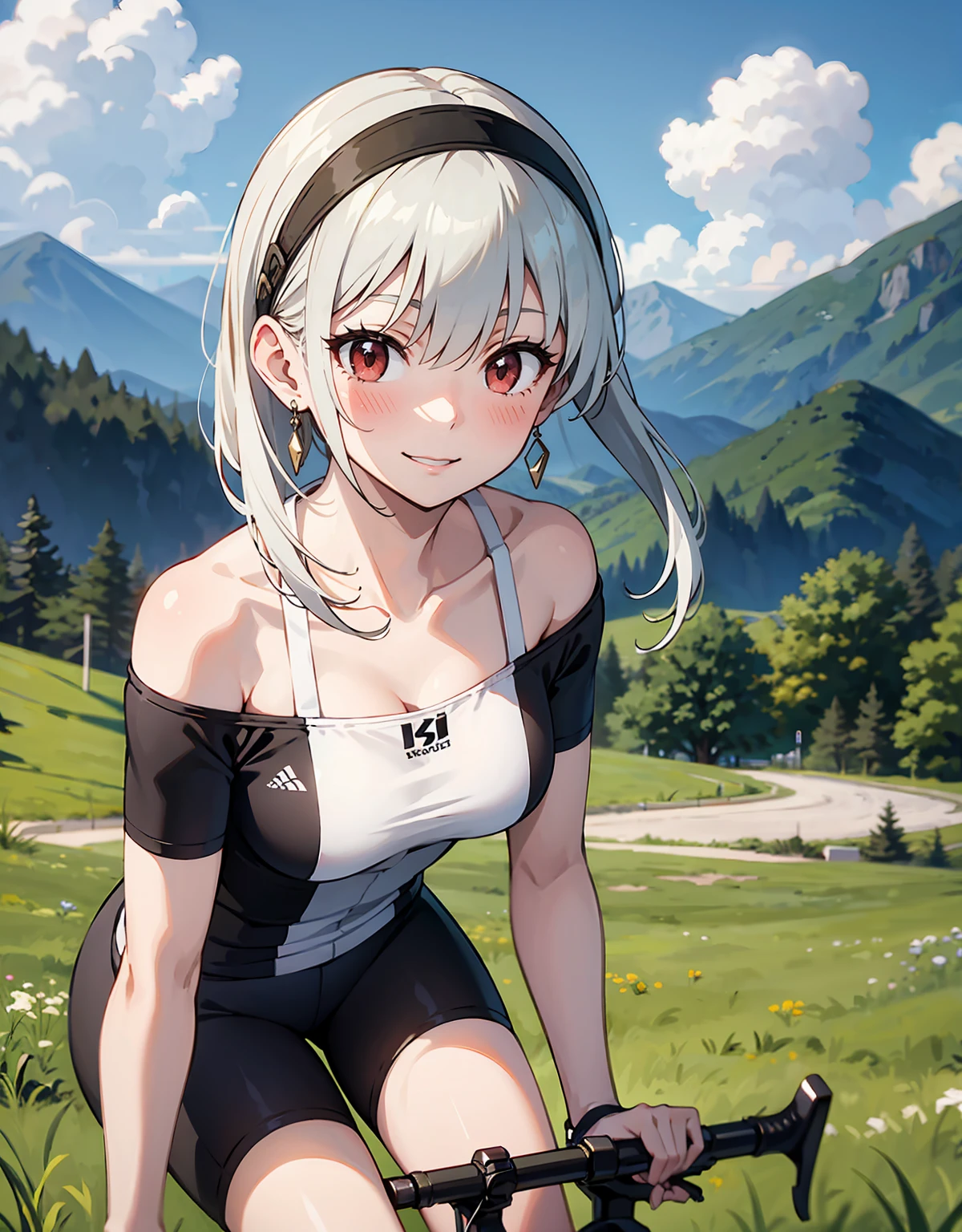 masterpiece, (yor:1.3), 1girl, solo,shy,embarrassed,blushed,black hair, red eyes, bare shoulders, jewelry, collarbone, sidelocks, hairband, earrings,outdoor,short sleeve cycling jersey, cycling half pants, mountain road, blue sky ,smile, short hair with long locks, white hairband,big side hair,very long side hair,leaning forward,
