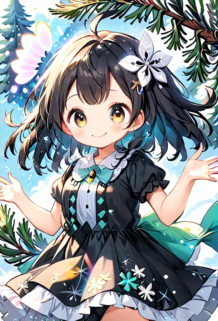 of pine-chan、cute、black Jack、Wide-open eyes、24K.Ultra delicate、of pine、Overflowing with smiles、particle、feather、Fractal Art、Dresses with elaborate designs